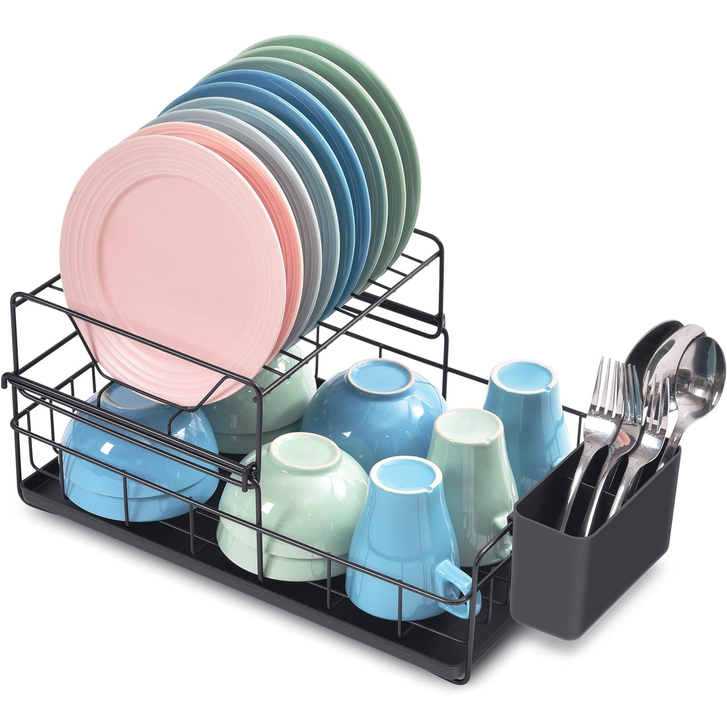 Kingrack 2 Tier Dish Drainer Rack, Steel Dish Rack with Removable Cutlery Holder & Drip Tray, Compact Draining Rack, Dish Draining Rack, Kitchen Supplies Storage Rack, Black,WK810025
