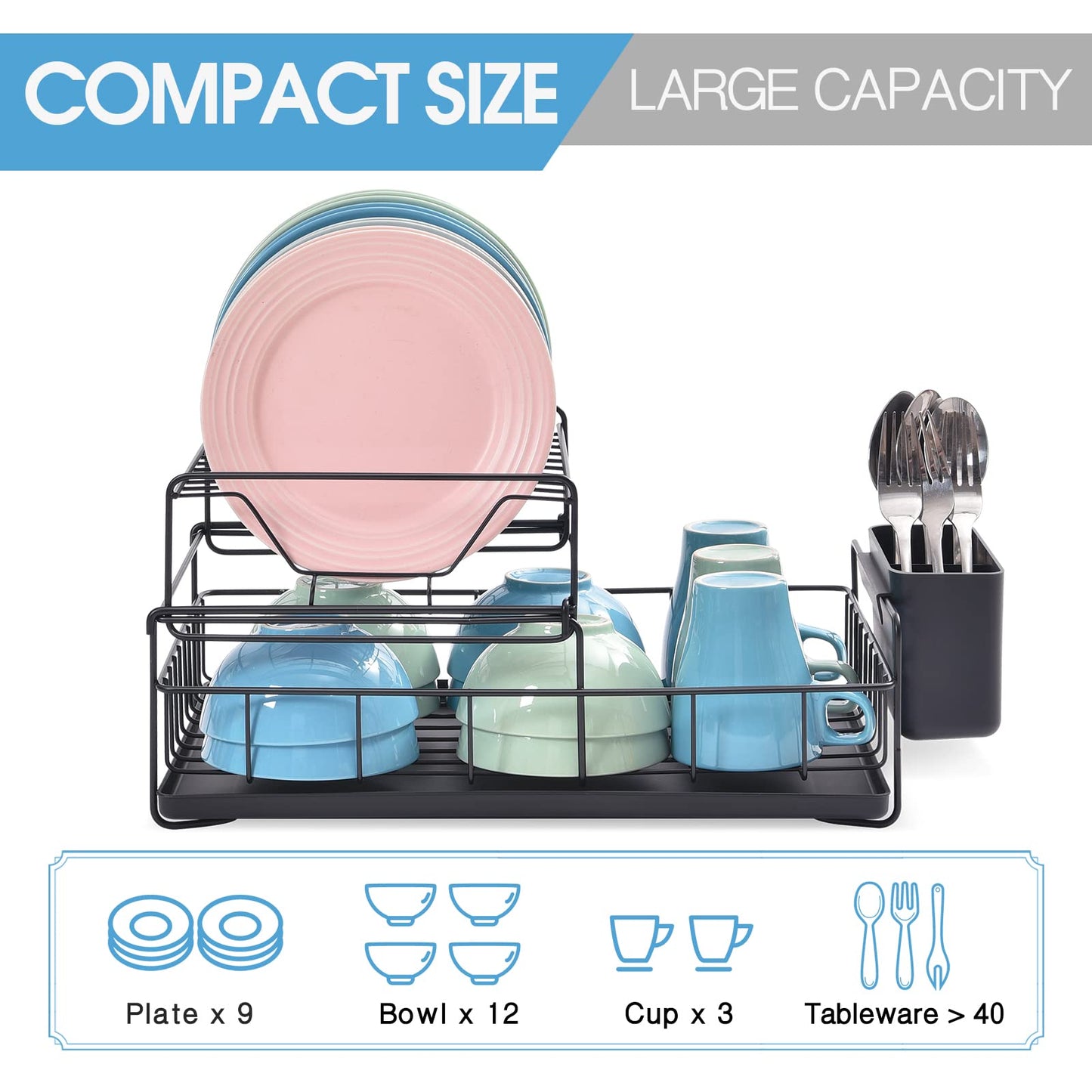 Kingrack 2 Tier Dish Drainer Rack, Steel Dish Rack with Removable Cutlery Holder & Drip Tray, Compact Draining Rack, Dish Draining Rack, Kitchen Supplies Storage Rack, Black,WK810025