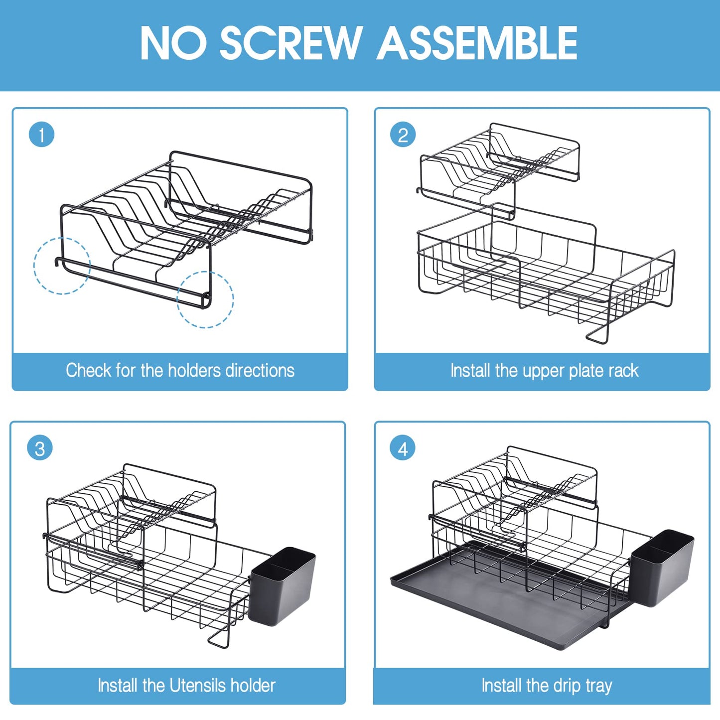 Kingrack 2 Tier Dish Drainer Rack, Steel Dish Rack with Removable Cutlery Holder & Drip Tray, Compact Draining Rack, Dish Draining Rack, Kitchen Supplies Storage Rack, Black,WK810025