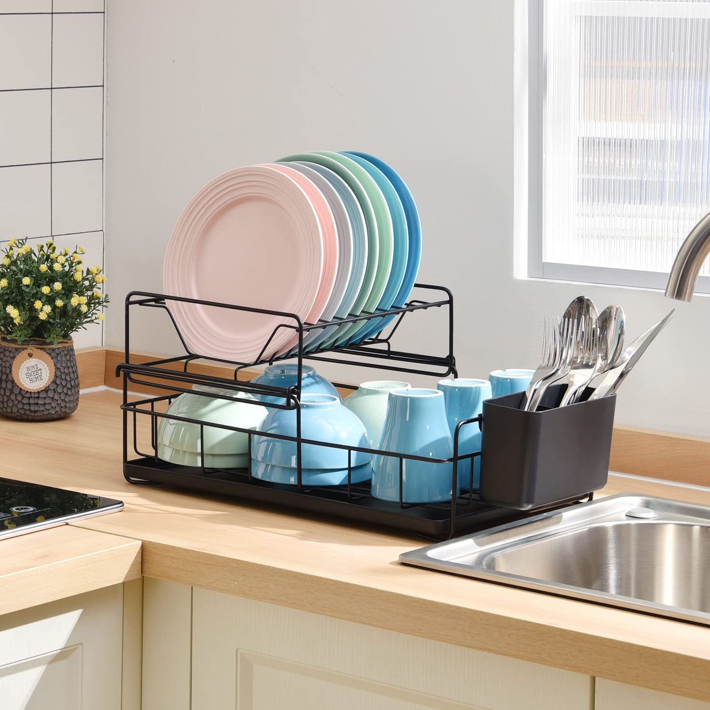 Kingrack 2 Tier Dish Drainer Rack, Steel Dish Rack with Removable Cutlery Holder & Drip Tray, Compact Draining Rack, Dish Draining Rack, Kitchen Supplies Storage Rack, Black,WK810025