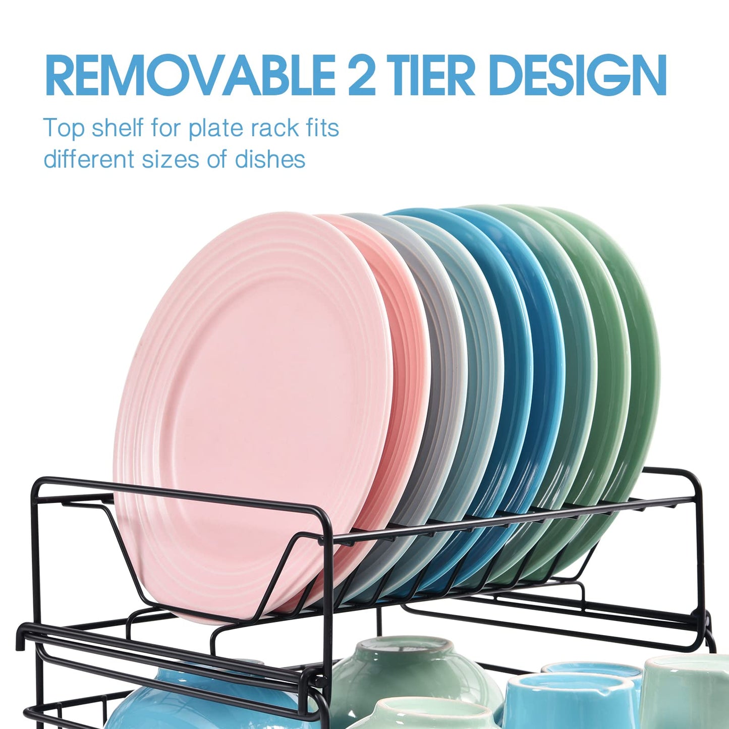 Kingrack 2 Tier Dish Drainer Rack, Steel Dish Rack with Removable Cutlery Holder & Drip Tray, Compact Draining Rack, Dish Draining Rack, Kitchen Supplies Storage Rack, Black,WK810025