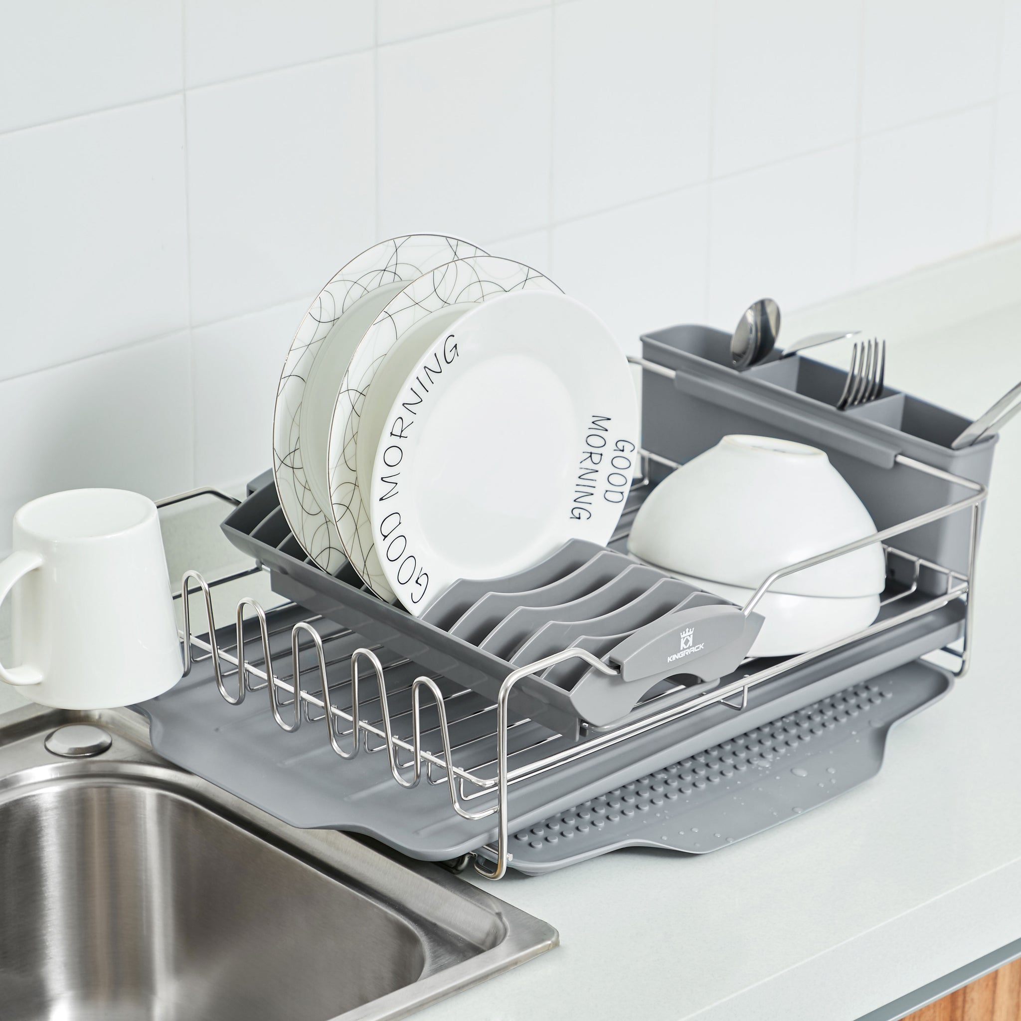 Stainless Steel Dish Drying Rack with Expandable Over Sink Plate
