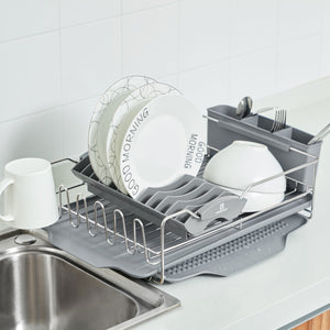 Stainless steel dish drying rack in the small counter top