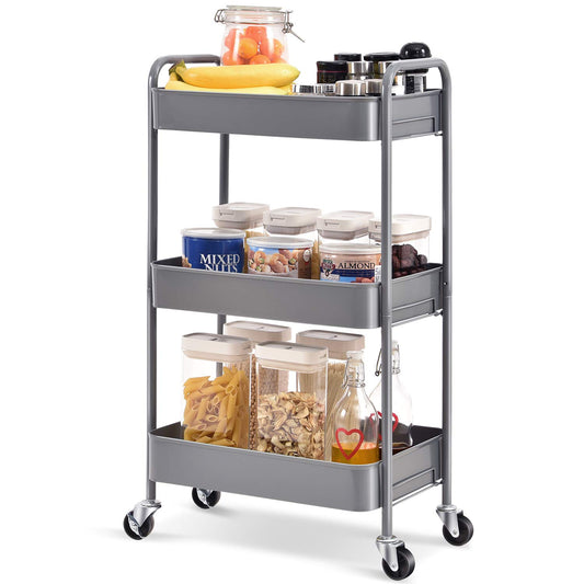 KINGRACK 3-Tier Rolling Cart, Metal Utility Cart with Lockable Wheels, Storage Craft Art Cart Trolley Organizer Serving Cart Easy Assembly for Office, Bathroom, Kitchen, Kids' Room, Classroom,WK131218-G