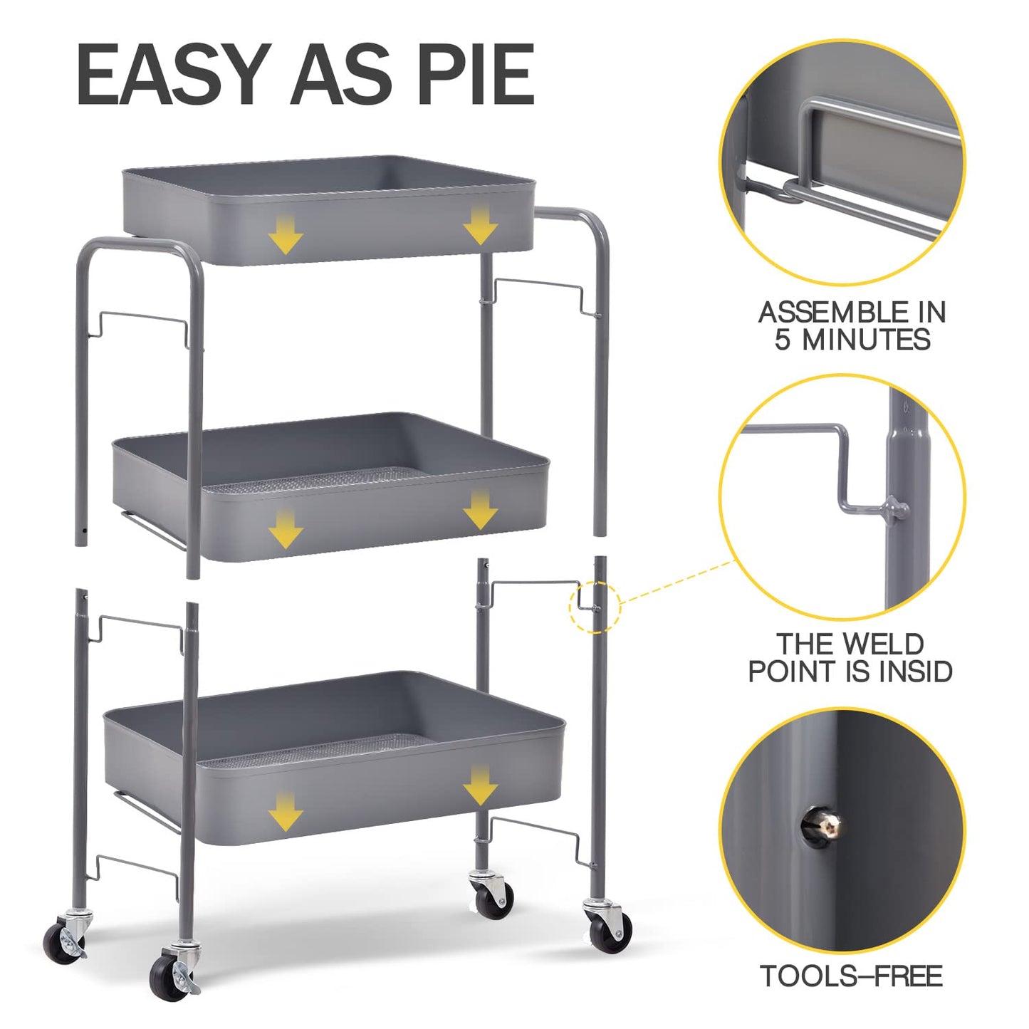 KINGRACK 3-Tier Rolling Cart, Metal Utility Cart with Lockable Wheels, Storage Craft Art Cart Trolley Organizer Serving Cart Easy Assembly for Office, Bathroom, Kitchen, Kids' Room, Classroom,WK131218-G