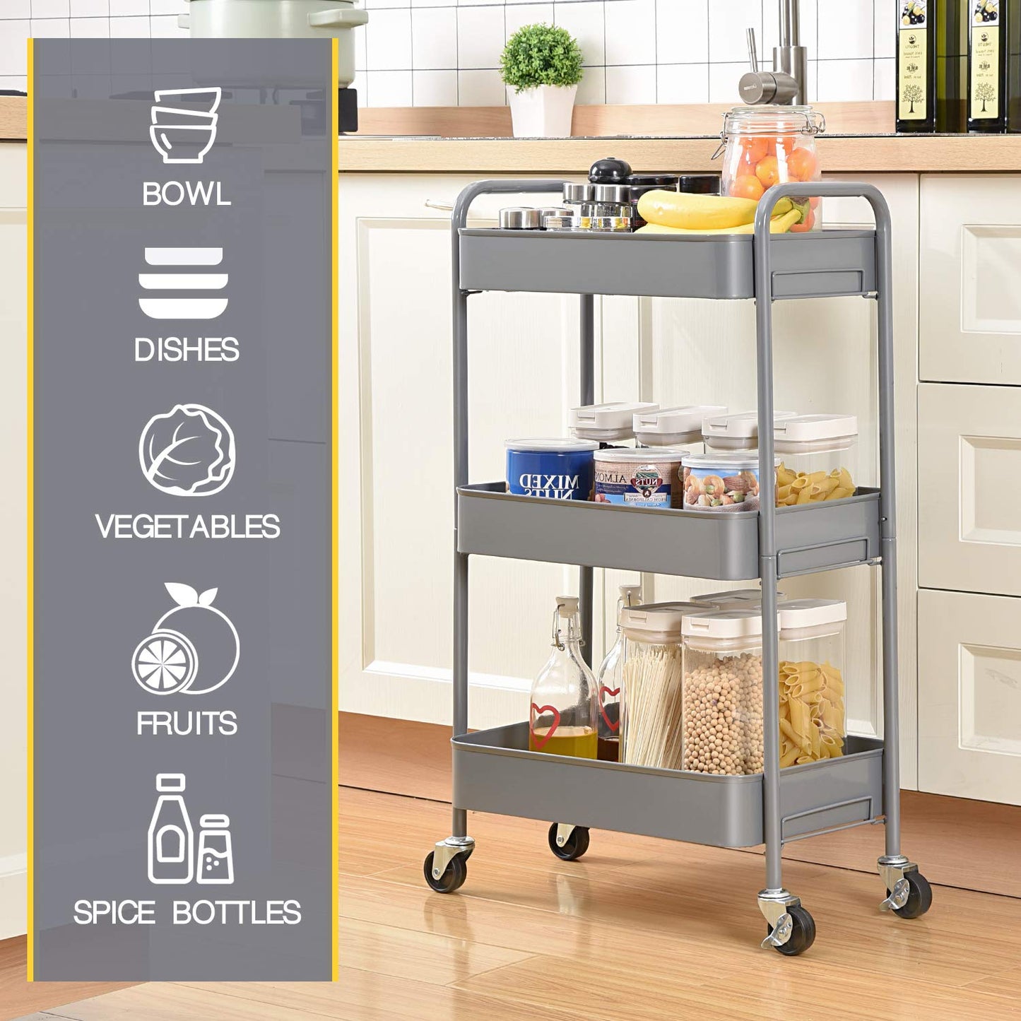 KINGRACK 3-Tier Rolling Cart, Metal Utility Cart with Lockable Wheels, Storage Craft Art Cart Trolley Organizer Serving Cart Easy Assembly for Office, Bathroom, Kitchen, Kids' Room, Classroom,WK131218-G