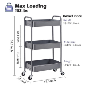 KINGRACK 3-Tier Rolling Cart, Metal Utility Cart with Lockable Wheels, Storage Craft Art Cart Trolley Organizer Serving Cart Easy Assembly for Office, Bathroom, Kitchen, Kids' Room, Classroom,WK131218-G