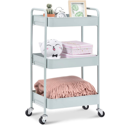 KINGRACK 3-Tier Rolling Cart, Metal Utility Cart with Lockable Wheels, Storage Craft Art Cart Trolley Organizer Serving Cart Easy Assembly for Office, Bathroom, Kitchen, Kids' Room, Classroom (Green),WK131218-GN