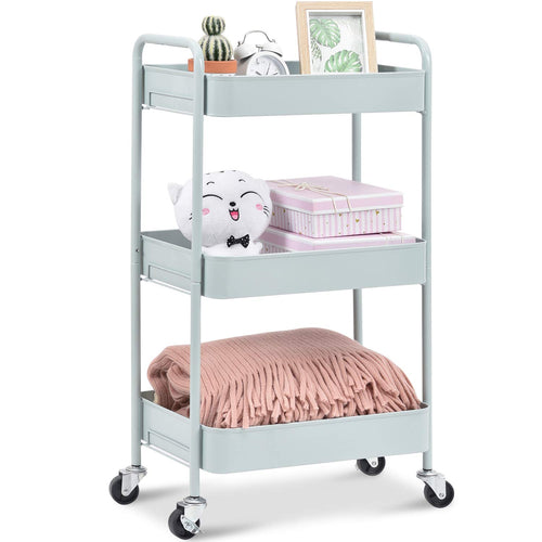 KINGRACK 3-Tier Rolling Cart, Metal Utility Cart with Lockable Wheels, Storage Craft Art Cart Trolley Organizer Serving Cart Easy Assembly for Office, Bathroom, Kitchen, Kids' Room, Classroom (Green),WK131218-GN