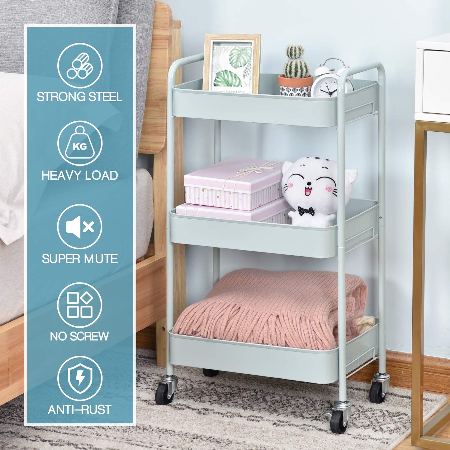 KINGRACK 3-Tier Rolling Cart, Metal Utility Cart with Lockable Wheels, Storage Craft Art Cart Trolley Organizer Serving Cart Easy Assembly for Office, Bathroom, Kitchen, Kids' Room, Classroom (Green),WK131218-GN