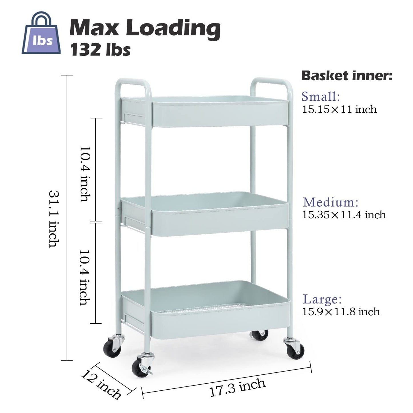 KINGRACK 3-Tier Rolling Cart, Metal Utility Cart with Lockable Wheels, Storage Craft Art Cart Trolley Organizer Serving Cart Easy Assembly for Office, Bathroom, Kitchen, Kids' Room, Classroom (Green),WK131218-GN