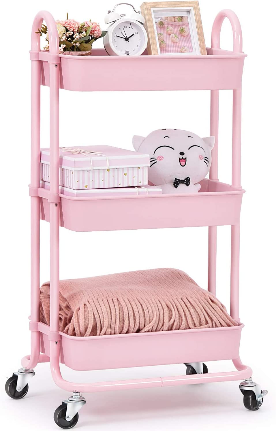 KINGRACK Utility Rolling Cart with Lockable Wheels,Multi-Purpose Storage Organizer,Organizer Trolley with Handles,Serving Trolley with Mesh Basket for Home,Office,Kitchen,Bathroom (Pink)  WK830161-2