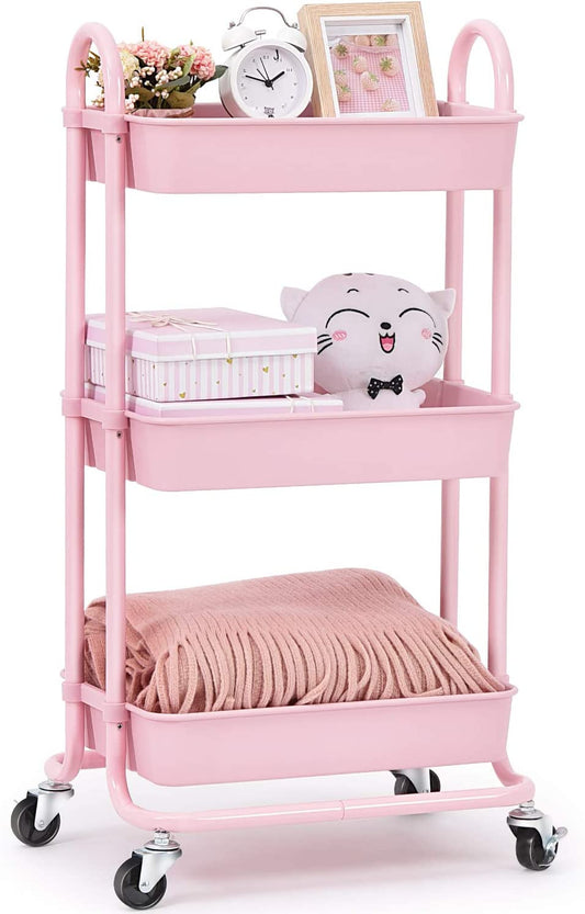 KINGRACK Utility Rolling Cart with Lockable Wheels,Multi-Purpose Storage Organizer,Organizer Trolley with Handles,Serving Trolley with Mesh Basket for Home,Office,Kitchen,Bathroom (Pink)  WK830161-2