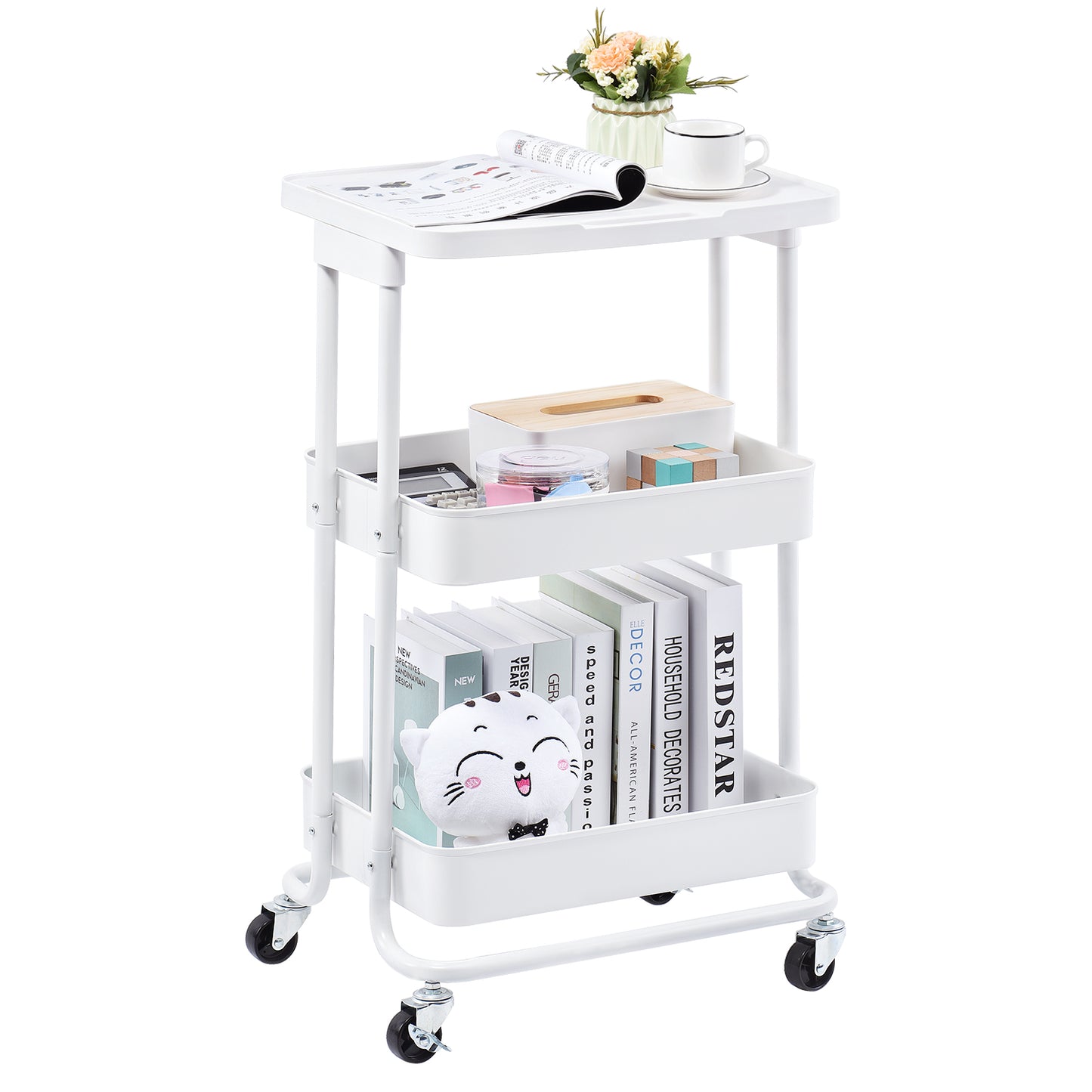 3-Tier Metal Rolling Storage Cart with Practical Tabletop, WHITE, WK130918