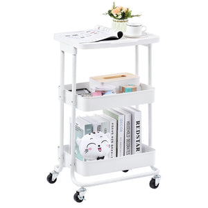 3-Tier Metal Rolling Storage Cart with Practical Tabletop, WHITE, WK130918