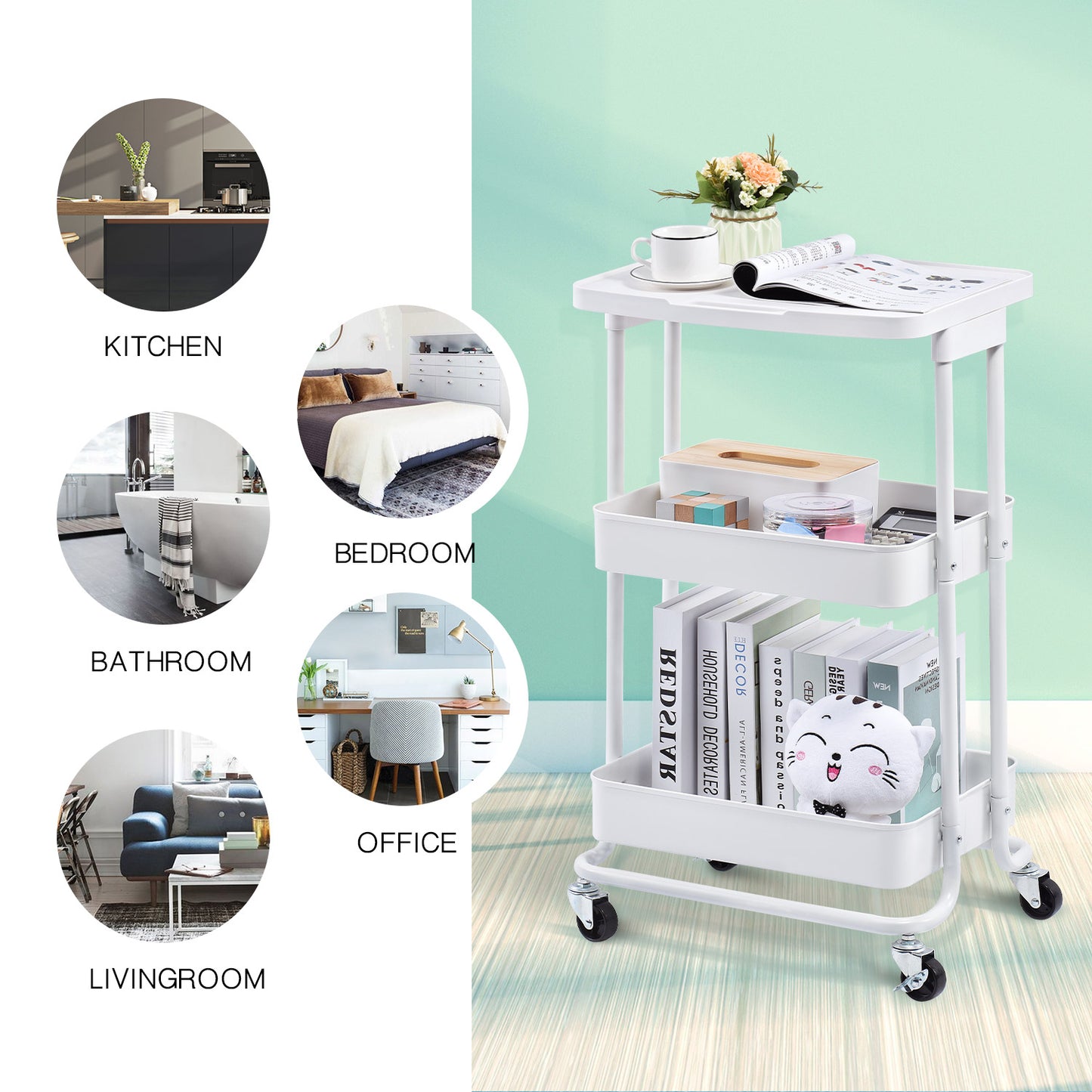 3-Tier Metal Rolling Storage Cart with Practical Tabletop, WHITE, WK130918