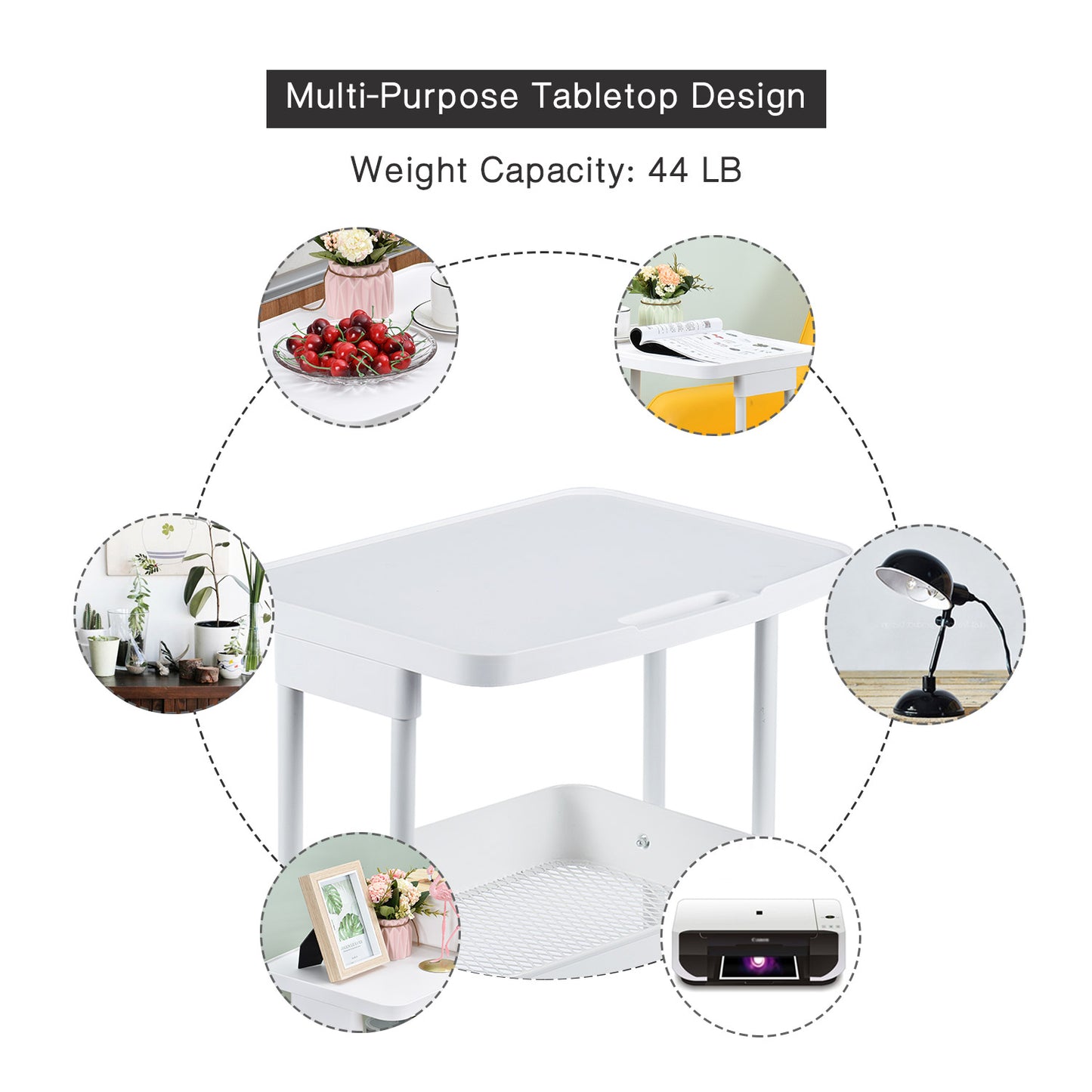 3-Tier Metal Rolling Storage Cart with Practical Tabletop, WHITE, WK130918