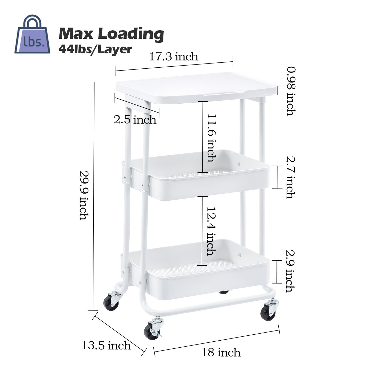 3-Tier Metal Rolling Storage Cart with Practical Tabletop, WHITE, WK130918