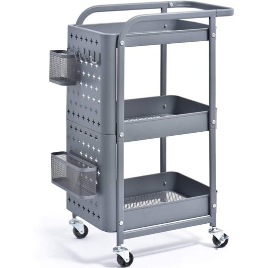 KK KINGRACK 3-Tier Storage Rolling Cart, Metal Pushcart with DIY Pegboard,WK130902-1