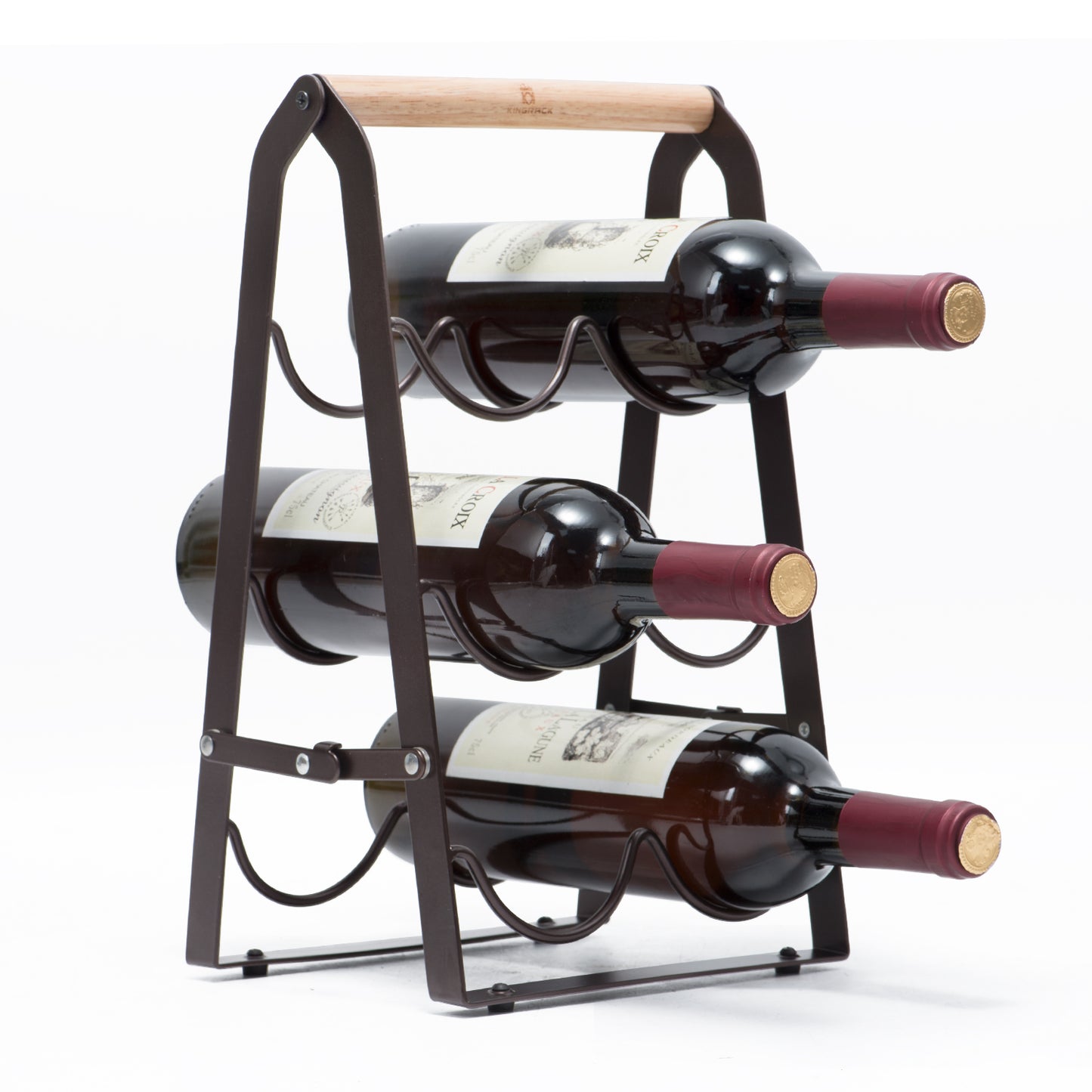 Countertop Wine Rack for 6 Bottle Wine, 3-Tier Classic Design, Set of 1, Wood & Metal(Copper)-WK130915