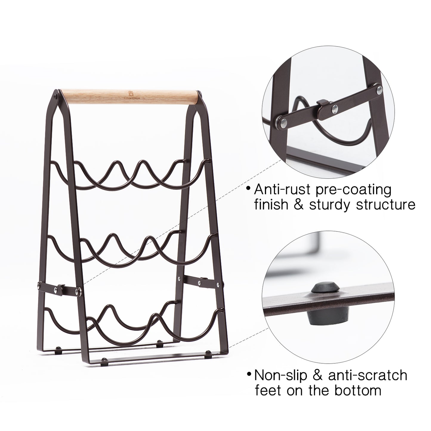 Countertop Wine Rack for 6 Bottle Wine, 3-Tier Classic Design, Set of 1, Wood & Metal(Copper)-WK130915
