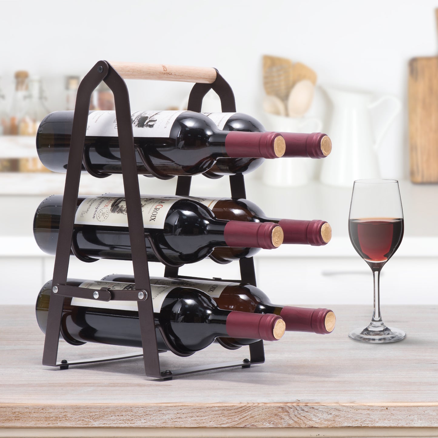 Countertop Wine Rack for 6 Bottle Wine, 3-Tier Classic Design, Set of 1, Wood & Metal(Copper)-WK130915