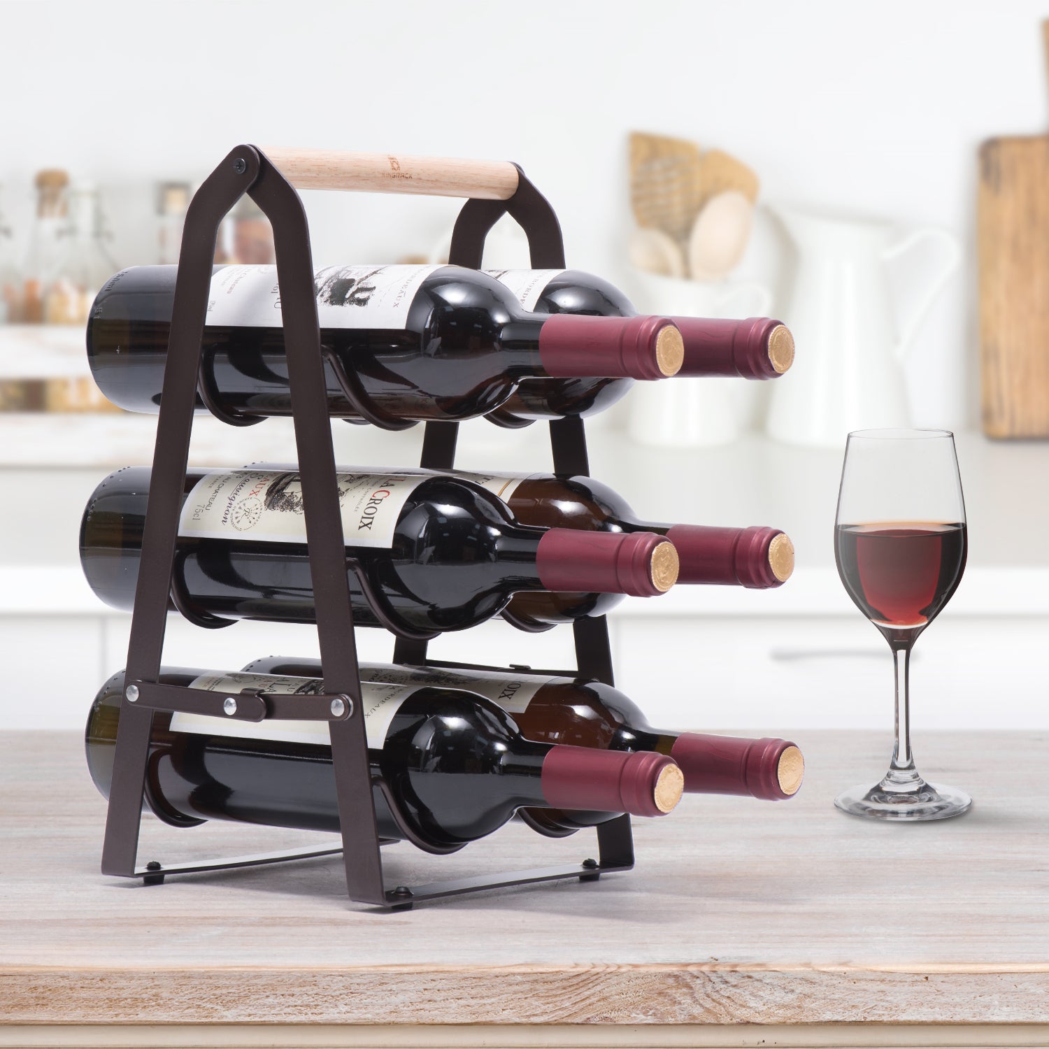 Wine Racks Wine Rack,Wood Wine Storage Racks Countertop Stores 3 Bottles  and 6 Cups Sleek and Chic Looking-Minimal Assembly Required Decorative