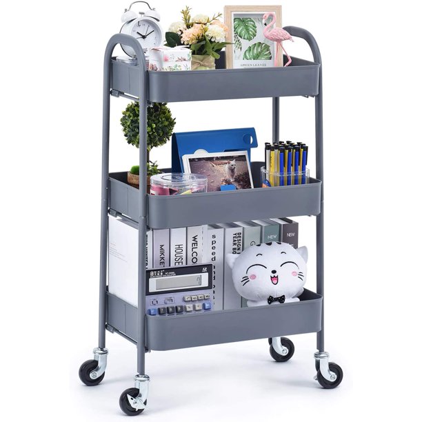 Kingrack 3 Tier Rolling Cart, No Screw Metal Utility Cart, Easy Assemble Utility Serving Cart,WK130917-G