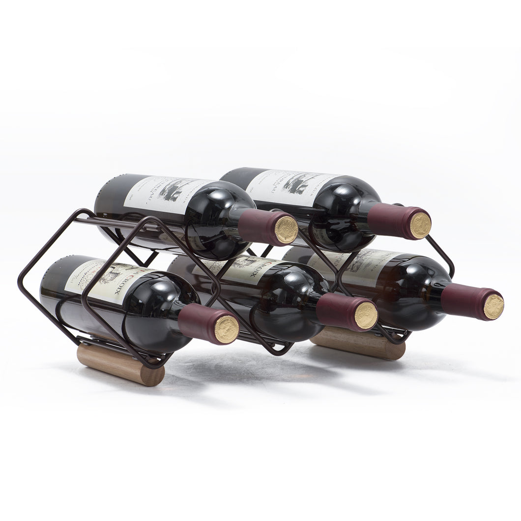 Tabletop Wine Rack, 5 Bottle Wine Holder Storage Stand, Set of 1, Wood & Metal(Copper)-WK130943