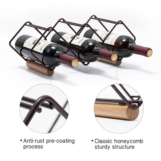Tabletop Wine Rack, 5 Bottle Wine Holder Storage Stand, Set of 1, Wood & Metal(Copper)-WK130943