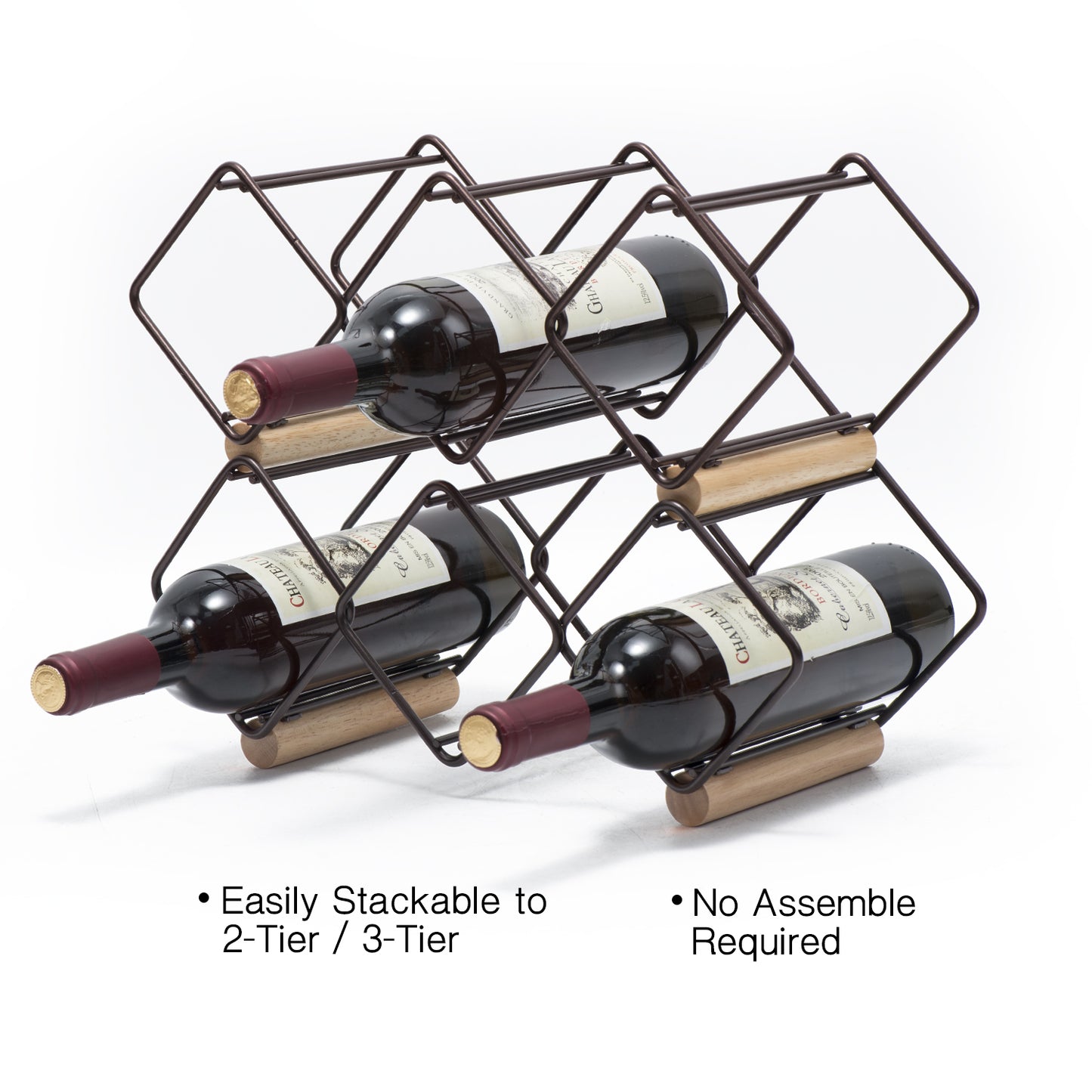 Tabletop Wine Rack, 5 Bottle Wine Holder Storage Stand, Set of 1, Wood & Metal(Copper)-WK130943