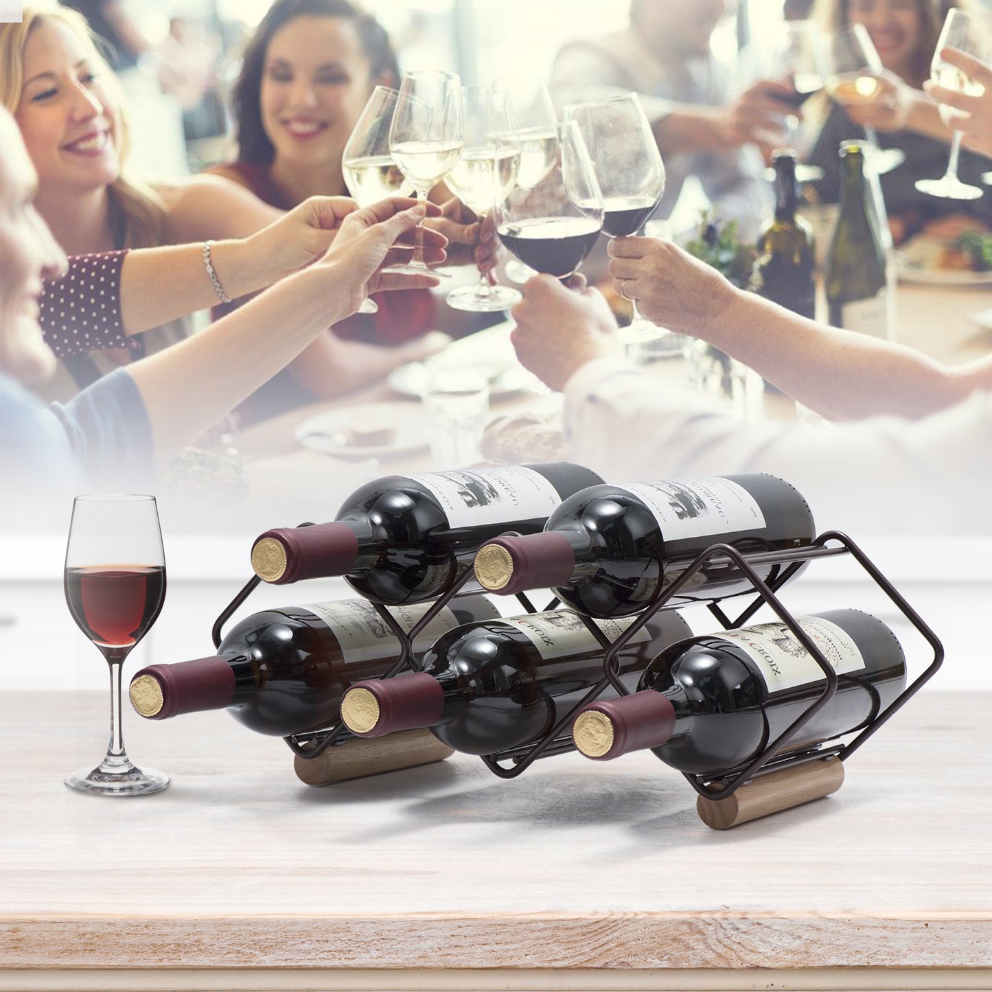 Tabletop Wine Rack, 5 Bottle Wine Holder Storage Stand, Set of 1, Wood & Metal(Copper)-WK130943