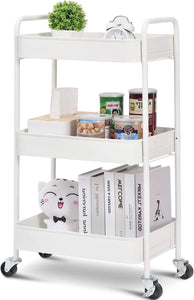 KINGRACK 3-Tier Rolling Cart, Metal Utility Cart with Lockable Wheels, Storage Craft Art Cart Trolley Organizer Serving Cart Easy Assembly for Office, Bathroom, Kitchen, Kids' Room, Classroom (White)  WK131218