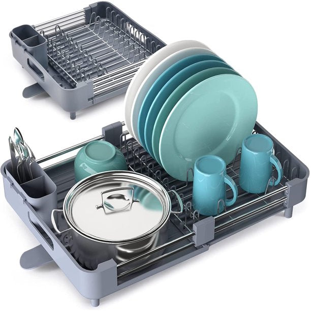 Kingrack Extendable Dish Rack, Dual Part Dish Drainers with Non-Scratch and Movable Cutlery Drainer and Drainage Spout, WK810172-6