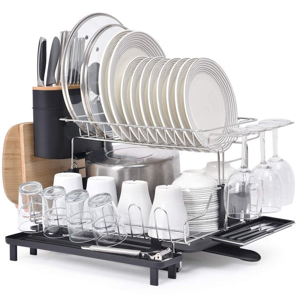 Kingrack 2 Tier Dish Rack,304 Stainless Steel Dish Drainer,Large Capacity Dish Drying Rack with Stretchable Drip Tray,WK810207-1