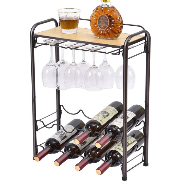 Kingrack 8 Bottle Wine Rack Freestanding Floor, Metal Wine Storage Shelf with Glasses Holder & Table Top,WK810229-1