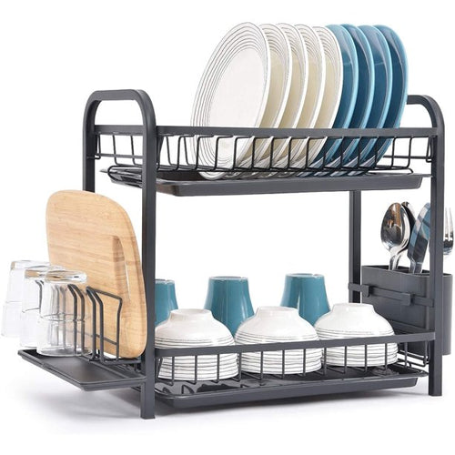 Kingrack Dish Rack, Large Capacity Dish Drainer, Dish Drying Rack with  Cutlery Holder, Removable Drip Tray, Cup Holder, Compact Kitchen Drainers  for Countertop, Black 