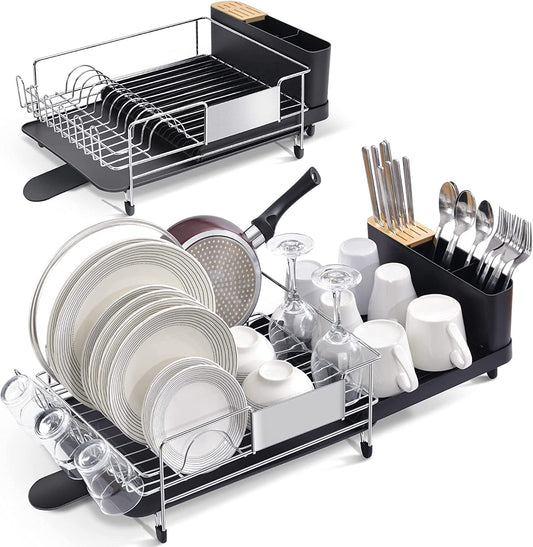 KINGRACK Dish Drying Rack, Expandable Stainless Steel Dish Rack with Drainboard Set Kitchen Sink Organizer for Counter, Large Capacity Kitchen Accessories with 360° Swivel Spout WK810439