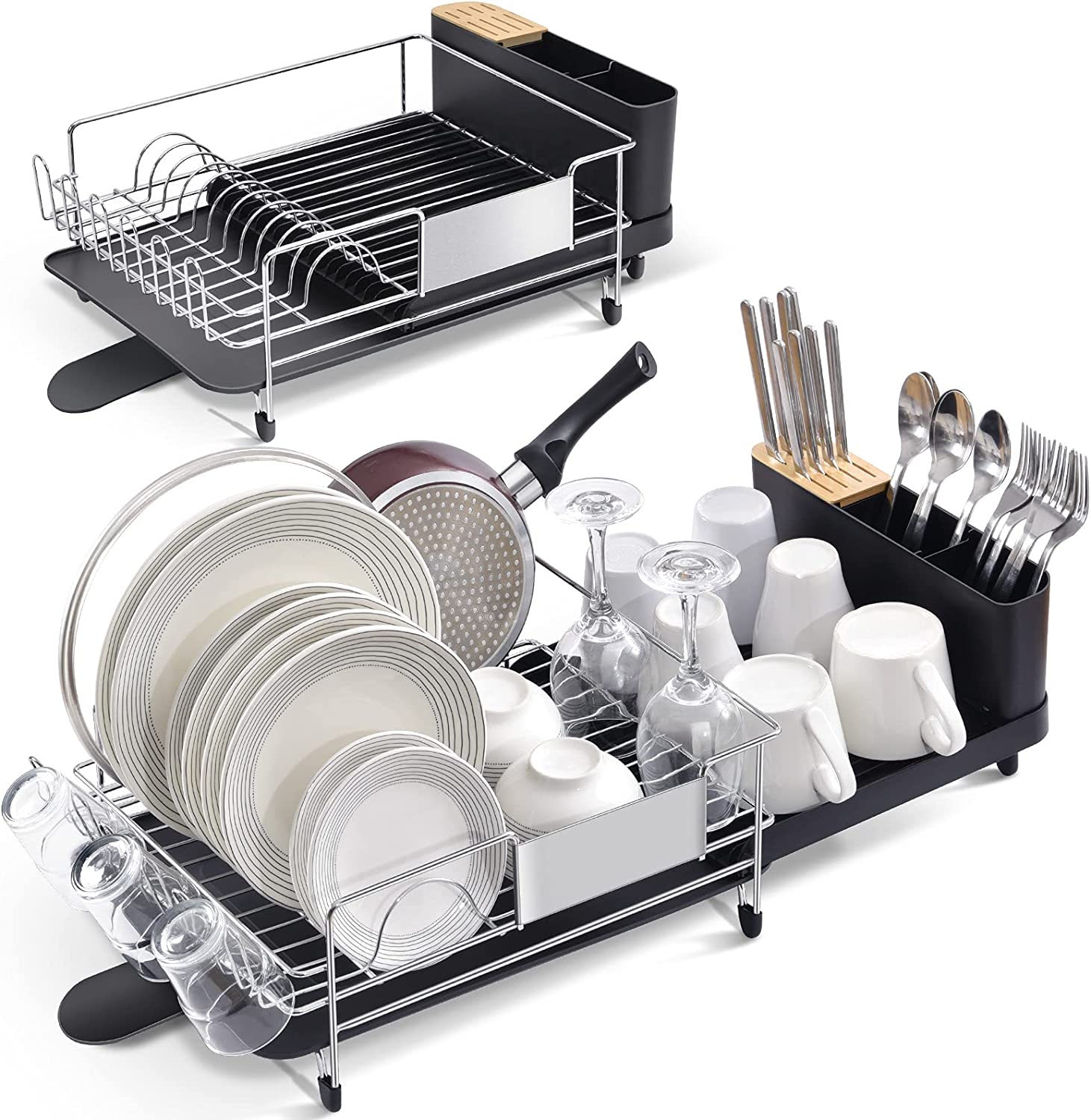 KINGRACK Dish Drying Rack - Extendable Dish Rack - Durable Stainless Steel  Dish Drainer for Kitchen Counter with Drainboard Set, Swivel Spout,Utensil