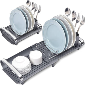 KINGRACK Expandable Dish Rack, Compact Dish Drainer, Stainless Steel Dish Drying Rack with Removable Cutlery Holder, Anti Rust Plate Rack, Small Sink Drainer for Sink or Kitchen Countertop WK810585-3