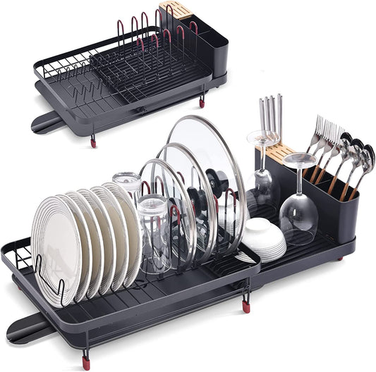 KINGRACK Expandable Dish Drying Rack, Large Capacity Dish Drainer with Drainboard, Dish Rack for Kitchen, Anti-Rust Plate Rack with Glass Holder and Utensil Holder. WK810606