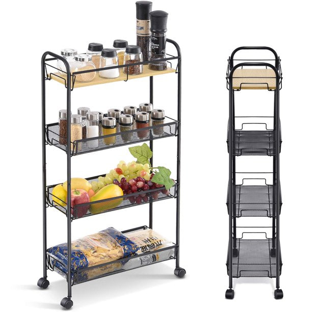Kingrack 4-Tier Slim Rolling Cart, Slide Out Storage Cart with Wooden Tabletop, Mobile Utility Cart with Mesh Baskets,WK830492-1