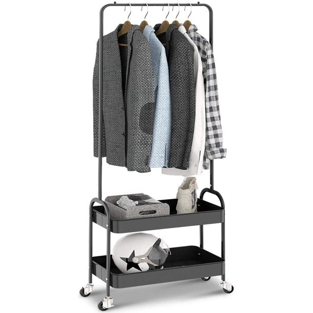 INGRACK 2-in 1 Garment Rack, Clothing Rack with 2 Tier Metal Basket, Rolling Storage Cart Clothes Organizer,WK830503-B