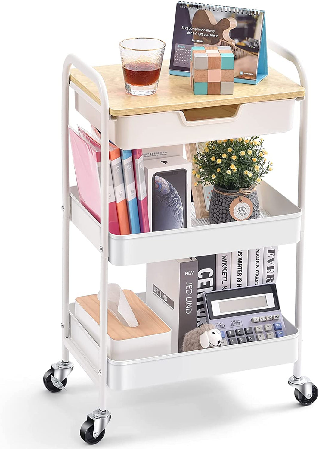 KINGRACK 3-Tier Utility Rolling Cart with Wooden Board and Drawer, Metal Storage Cart with Handle, White Trolley Kitchen Organizer Rolling Desk with Locking Wheels for Office, Classroom, Home, Bedroom  WK830549-1