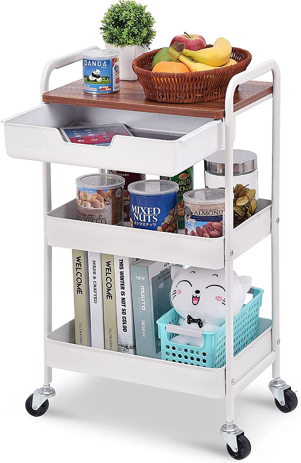 KINGRACK 3-Tier Utility Rolling Cart with Wooden Board and Drawer, Metal Storage Cart with Handle, White Trolley Kitchen Organizer Rolling Desk with Locking Wheels for Office, Classroom, Home, Bedroom  WK830549