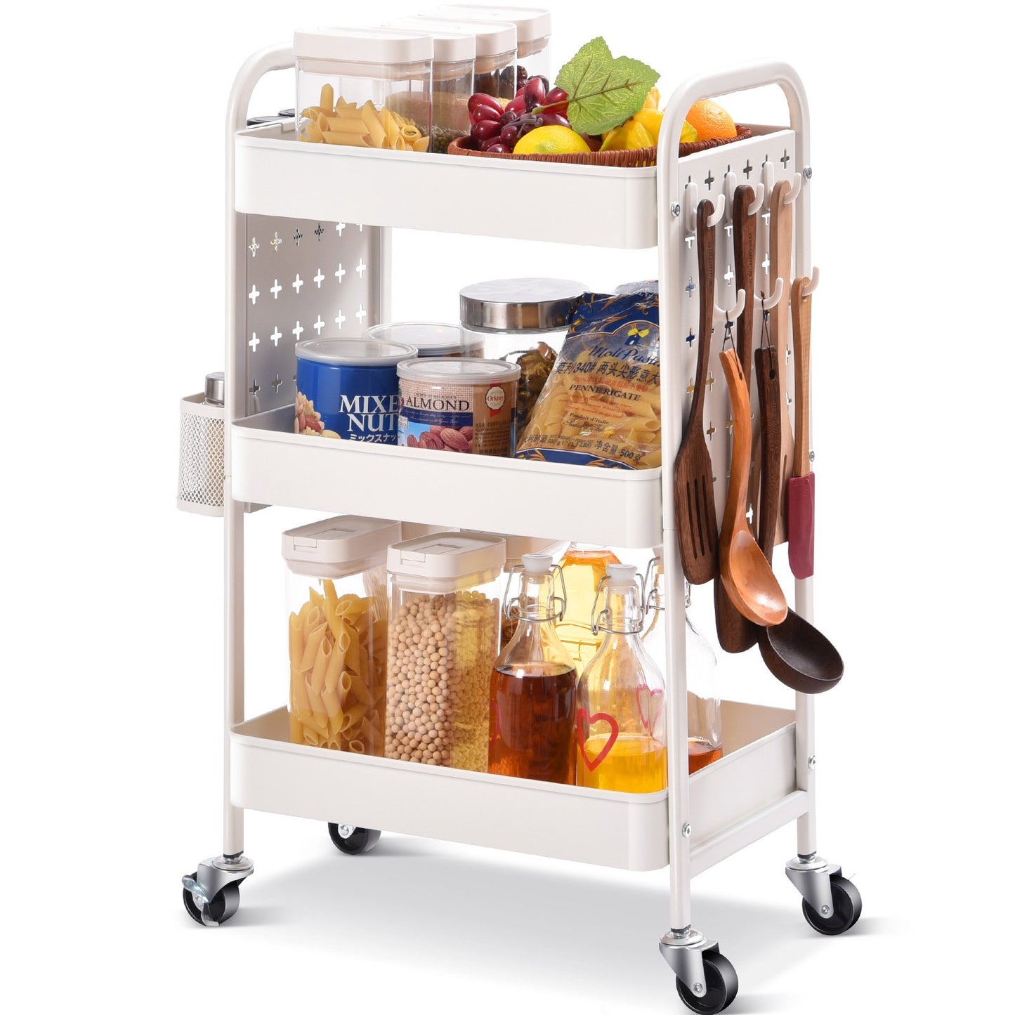 3-Tier Rolling cart, KK Kingrack Utility Storage Cart with DIY Dual Pegboards,White,WK830573