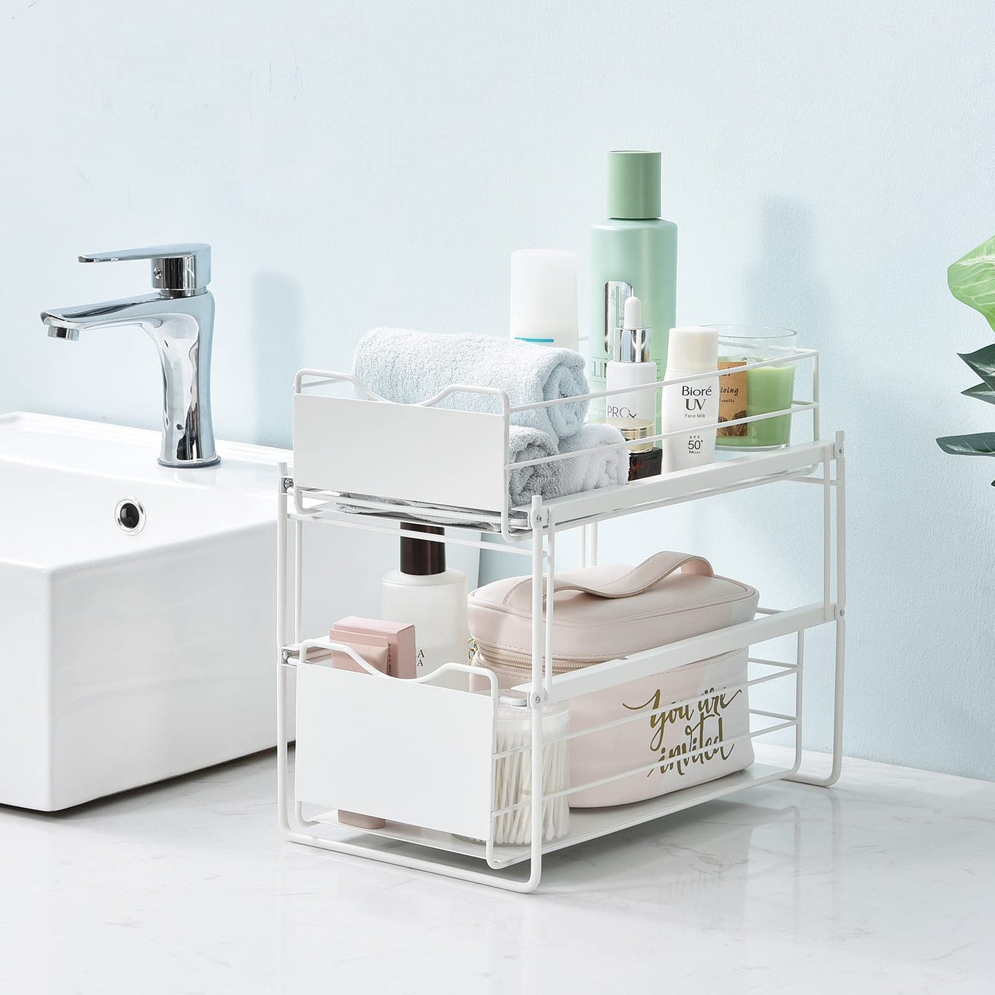 KINGRACK Stackable 2-Tier Cabinets Organizer With Sliding Storage Drawer, Under Sink Organizer, Pull Out Cabinets Home Organizer Shelf, Sliding Storage Basket Organizer, White,WK810351 -W