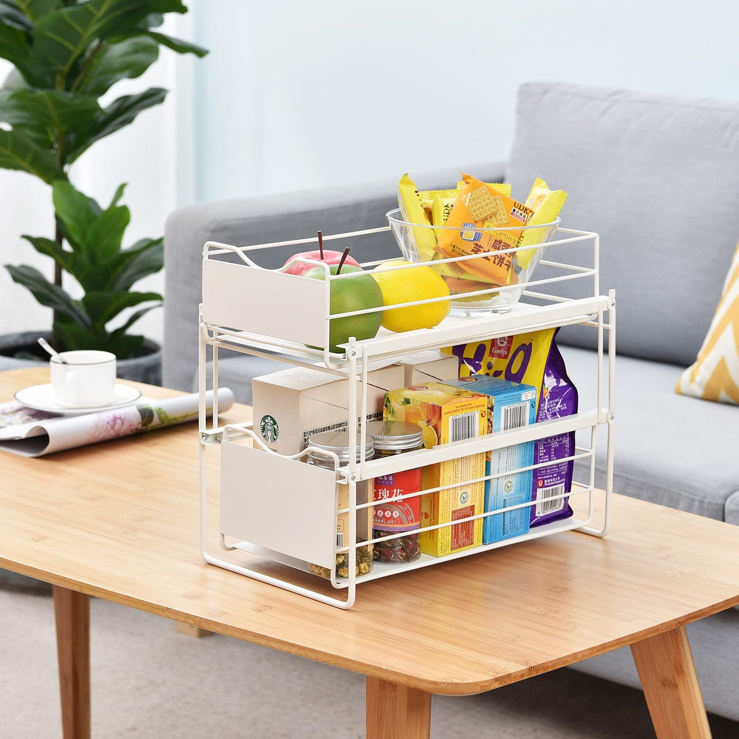 KINGRACK Stackable 2-Tier Cabinets Organizer With Sliding Storage Drawer, Under Sink Organizer, Pull Out Cabinets Home Organizer Shelf, Sliding Storage Basket Organizer, White,WK810351 -W