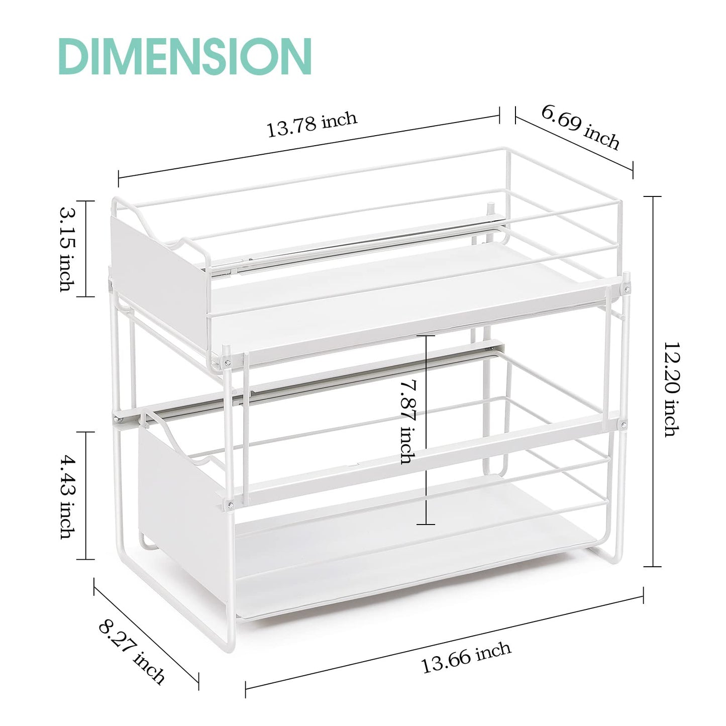 KINGRACK Stackable 2-Tier Cabinets Organizer With Sliding Storage Drawer, Under Sink Organizer, Pull Out Cabinets Home Organizer Shelf, Sliding Storage Basket Organizer, White,WK810351 -W