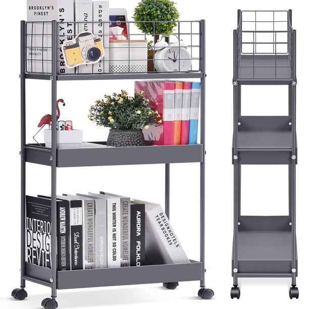 KINGRACK Slim Storage Cart,3-Tier Metal Utility Rolling Cart with Wheels-Gray,RY810076-G